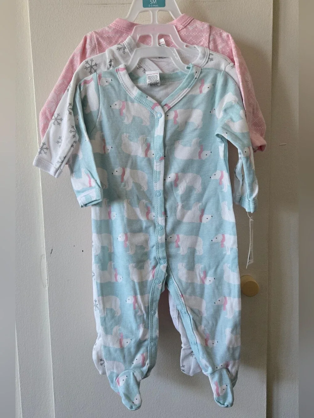 Hudson Baby 3 Piece Polar Bear Snowflake Footed One-Piece  Light Blue White Pink